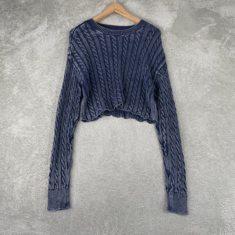 Aerie Sweater Womens Medium Blue Acid Wash Cable Knit Cropped Cotton Boho